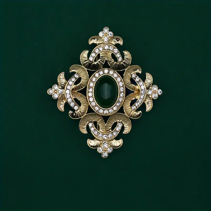Brooch Retro Style Faux Pearls Green Stone