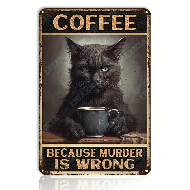 Black Cat Coffee - Targa Decorativa In Metallo 'Because Murder Is Wrong Black Cat Coffee - Targa Decorativa In Metallo 'Because Murder Is Wrong
