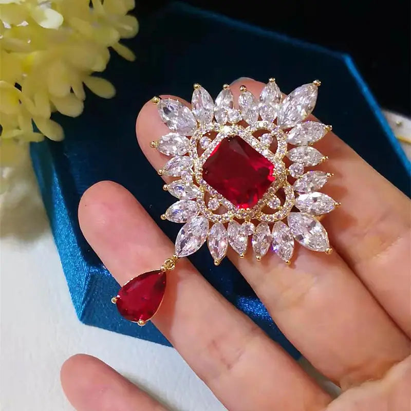 Brooch - Red/Rhinestones with Drop
