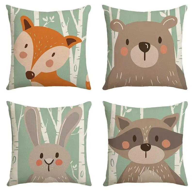 Kids Fox, Rabbit. Bear, Racoon Green Background