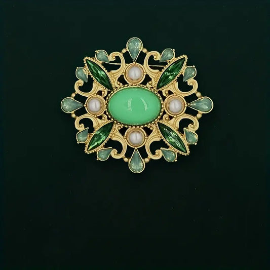 Brooch Retro Style Faux Pearls Green Stone