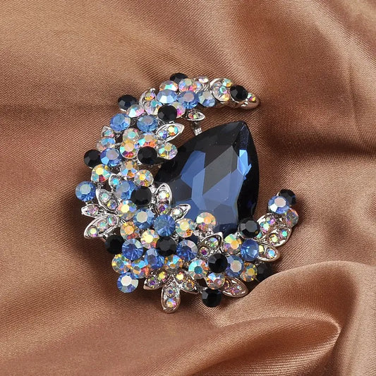 Brooch - Blue Moon - large blue stone small shades of blue and rhinestones