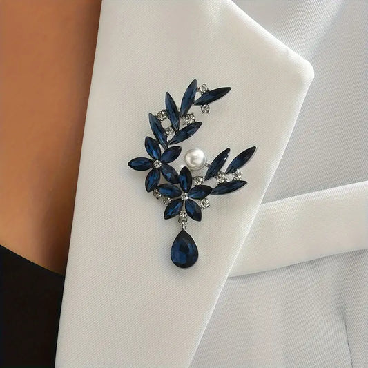 Brooch Flower Style with Faux Pearl Dark Blue