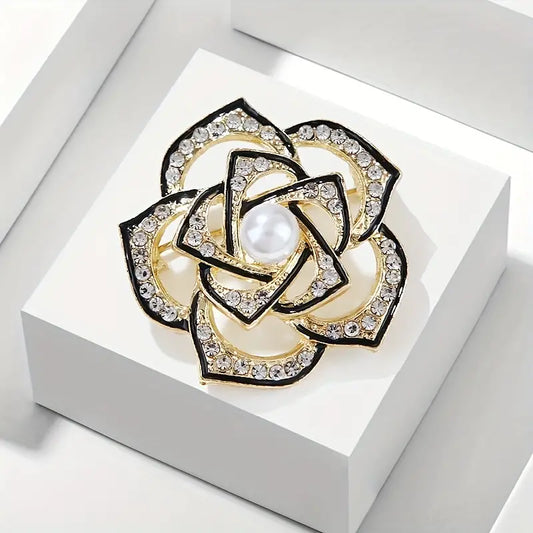 Brooch- Camelia trimmed in gold with faux pearl centre and rhinestone