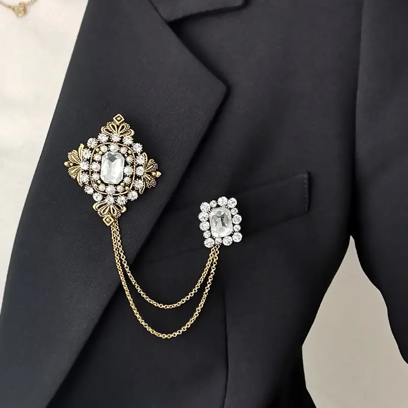 Brooch Lapel Pin with chain in three lovely colours with faux pearls