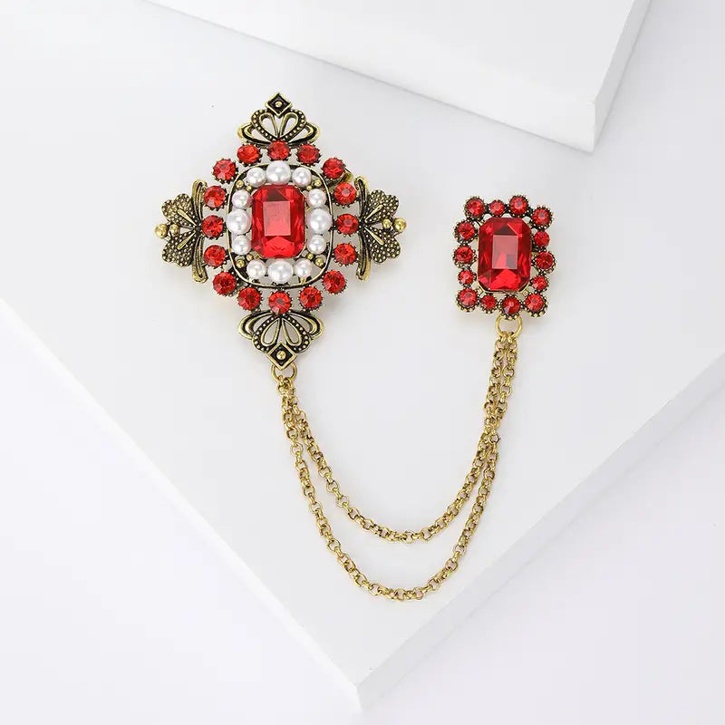 Brooch Lapel Pin with chain in three lovely colours with faux pearls