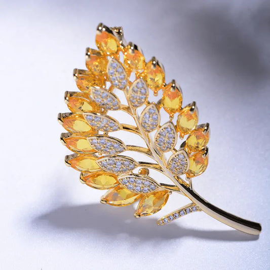 Brooch -Leaf with Gold & rhinestones