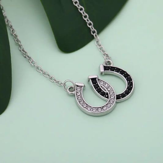 Necklace - Two Horseshoes in Black and Rhinestones -